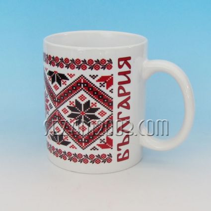 cup with Bulgarian embroidery and the inscription BULGARIA