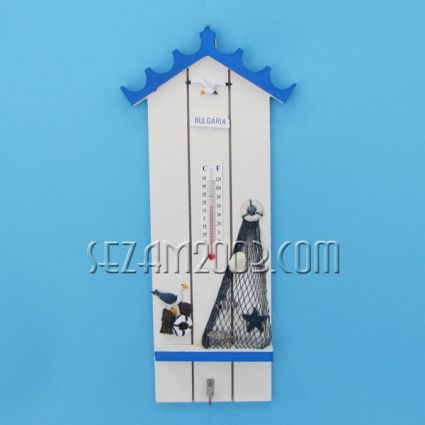 Wooden wall key hanger with marine decor + thermometer + BG