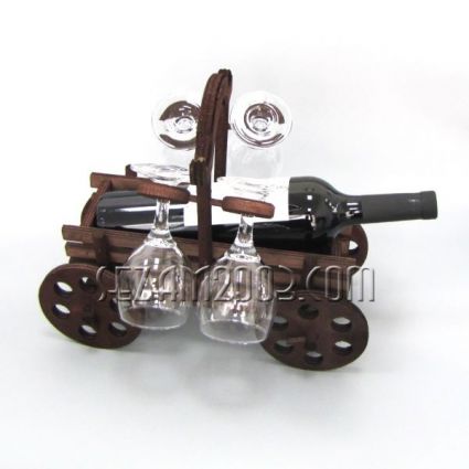 wooden wine rack + wine + 4 glasses