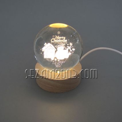 Glass ball with a laser image of SNEZHKO, inside wooden base + ice lamps with usb cable