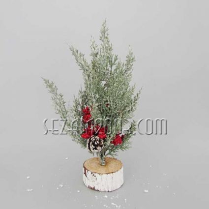 Tabletop Christmas tree made of plastic + pine cones + wooden stump