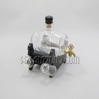 Glass keg with metal tap + wooden stand + 4 glass shots