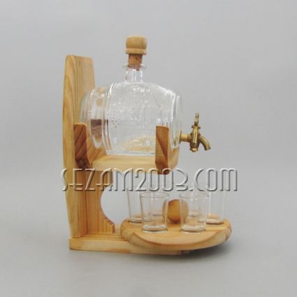 Glass keg with metal tap + wooden rotating stand + 6 glass shots