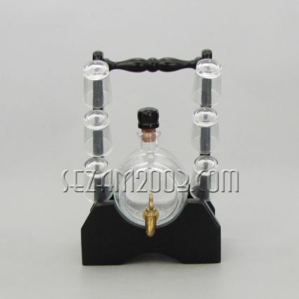 Glass barrel with a metal tap + wooden stand + 6 glass shot glasses